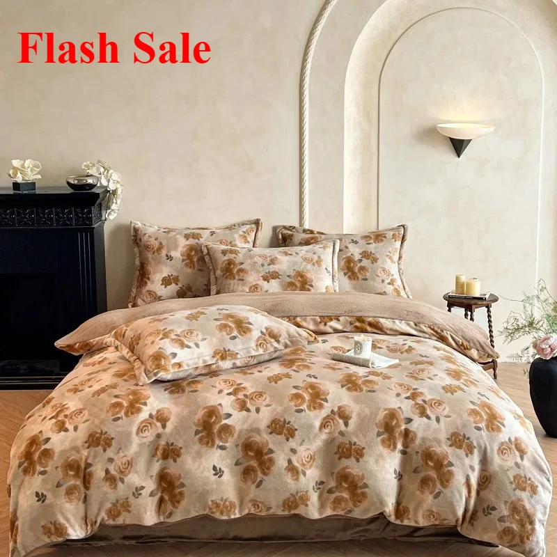 

Light luxury style high gram milk fleece 1.5m/1.8m bed four-piece printing warm bed sheet quilt cover
