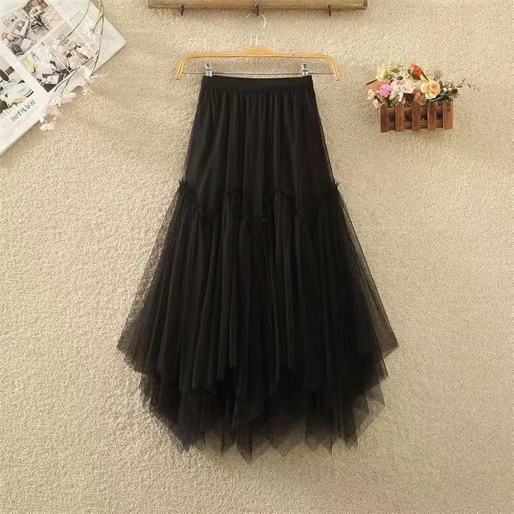 Eleganter Tüll-Midirock, Feenartiger Netzrock, unregelmäßiger, flauschiger Rock, Party-Herbst-Ballkleid, süßer, gestufter Rock mit elastischem Bund, A-Linie – Detail 6