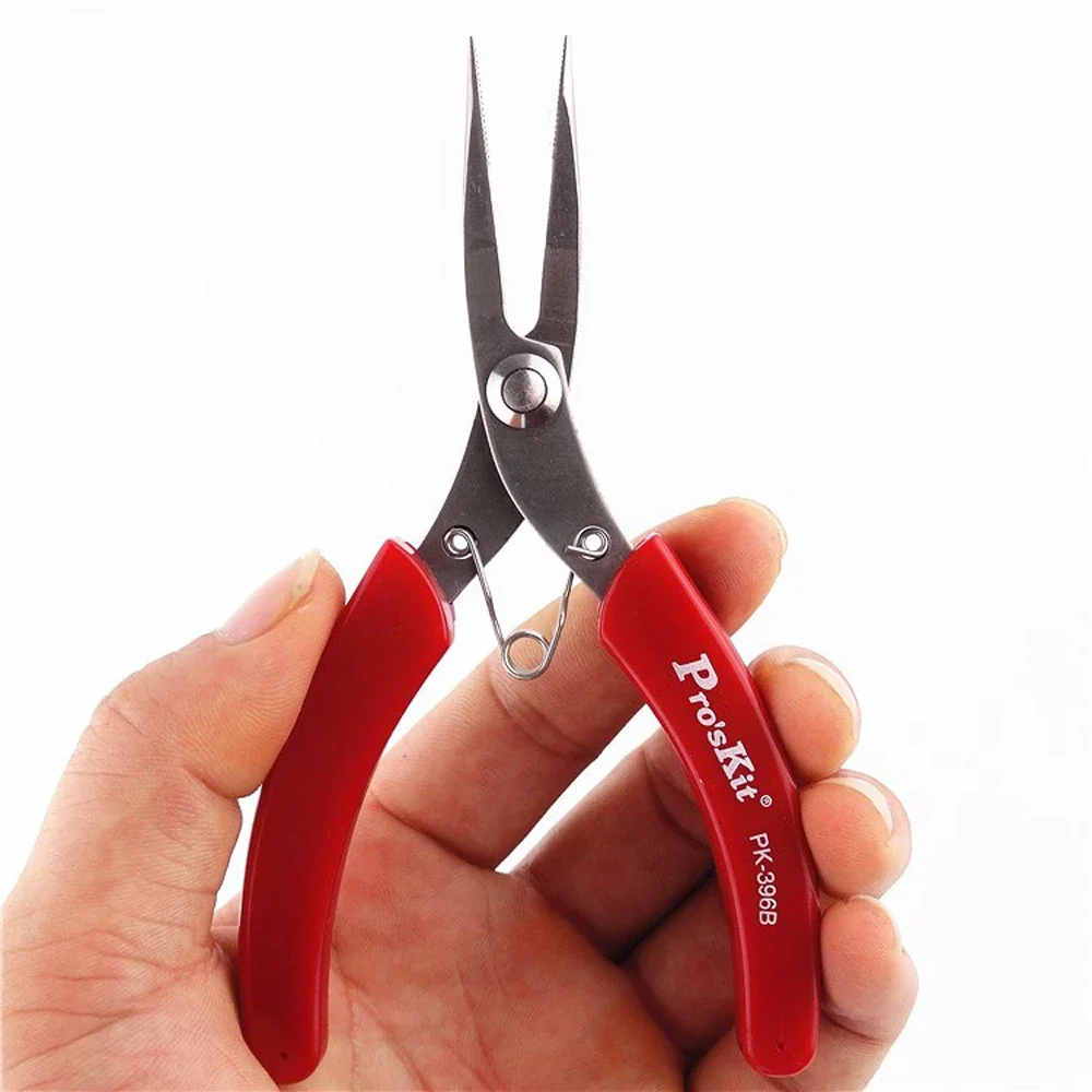 Pro\'sKit 1PK-396B 5-Inch Import Small Long Nose Pliers Stainless Steel Red Handle Have Teeth Long Mouth Pliers 130mm