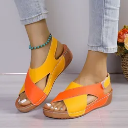 Sandalias De Mujer Summer Patchwork Color Wedge Sandals for Women Comfortable Non-slip Beach Shoes Platform PU Leather Shoes