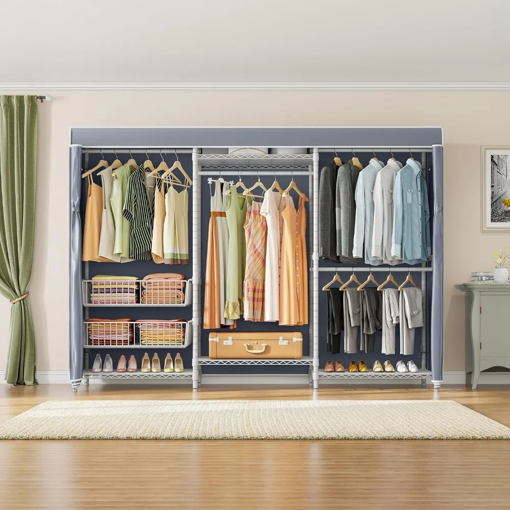

V10C Plus Portable Closets Heavy Duty Clothes Rack with Slid Basket, Covered Wardrobe Closet, Adjustable Closet Storage Rack, W