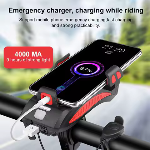 4 in 1 Bike Phone Holder Headlight Front Light Power Bank Cycling Bracket Bicycle Horn Waterproof Rechargeable