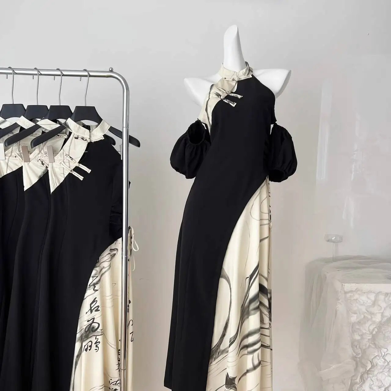 

New Chinese Style Guofeng Calligraphy Color Block Dress Waist Frog Cheongsam Skirt Women