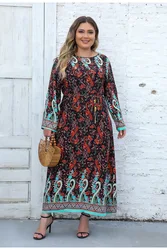 Vintage Plus Size Dresses Ethnic Style Women O-Neck Printed Long Dress Spring Summer Fashion Casual Lady Elegant Dress