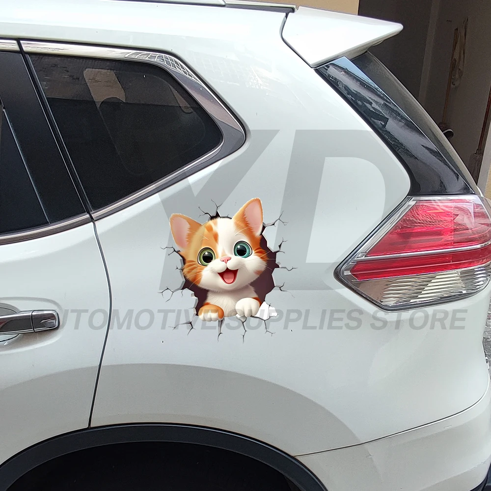 Cool 3D Broken Wall Cat Sticker Happy Ginger Kitten Car Decal Personality Hood Trunk Decor Vinyl Sticker for Truck SUV DIY view 2