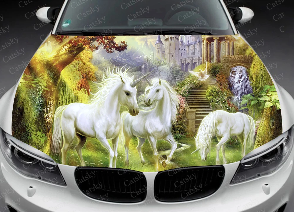 Tempelan grafis mobil hutan Unicorn ajaib stiker Decal vinil pola penutup kemasan kustom DIY stiker decal mesin kap