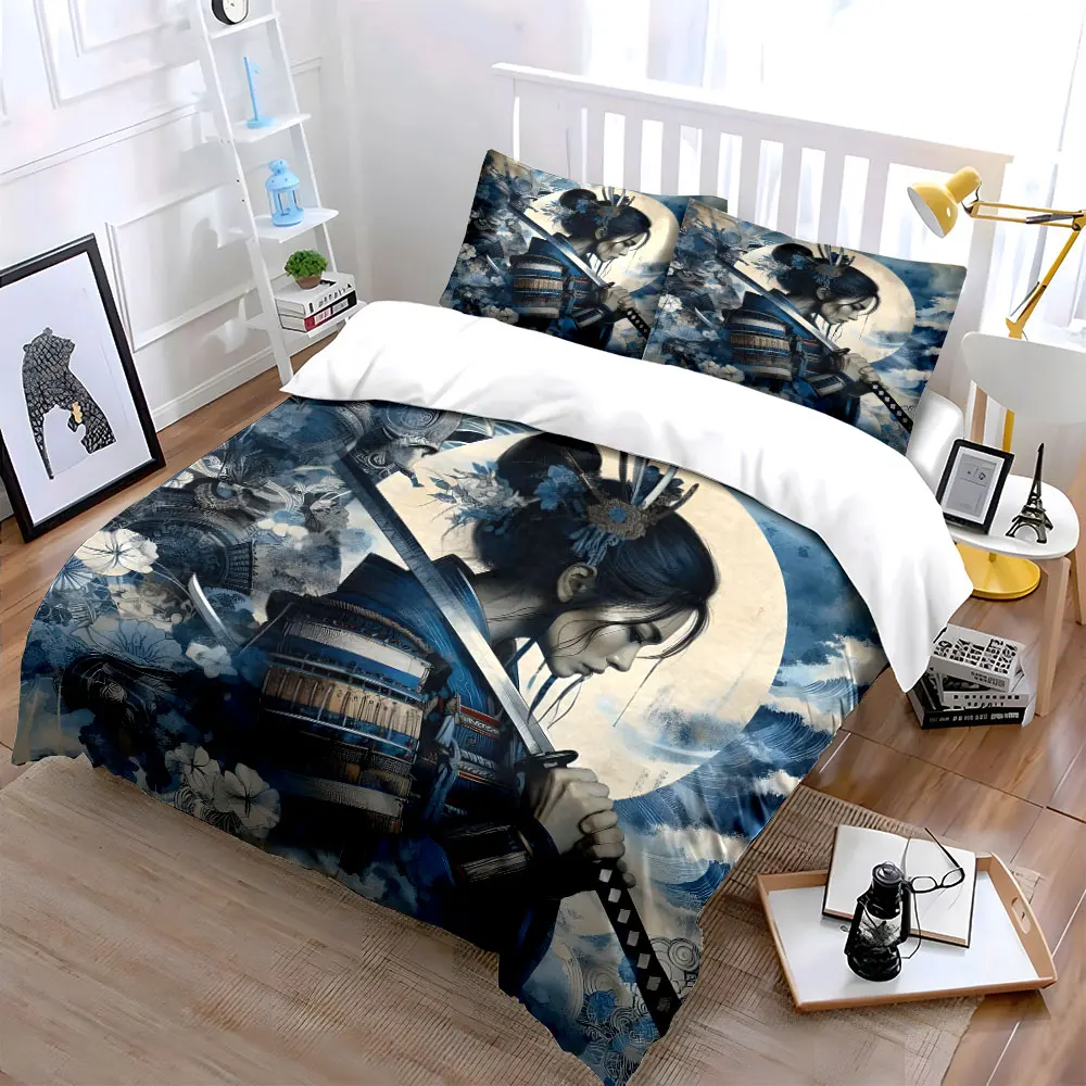 Samurai in blue armor with moon backdrop Print Bedding Set 1 Duvet Cover 2 Pillowcases for Adult and Children Luxury Gift