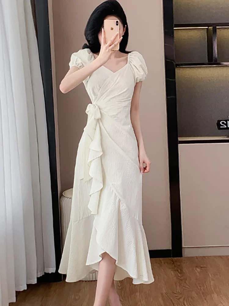 Women Elegant Bow Bandage Long Dress Summer White Bodycon Chic Ruffled Slit Long Dress 2024 Korean Fashion Luxury Evening Dress