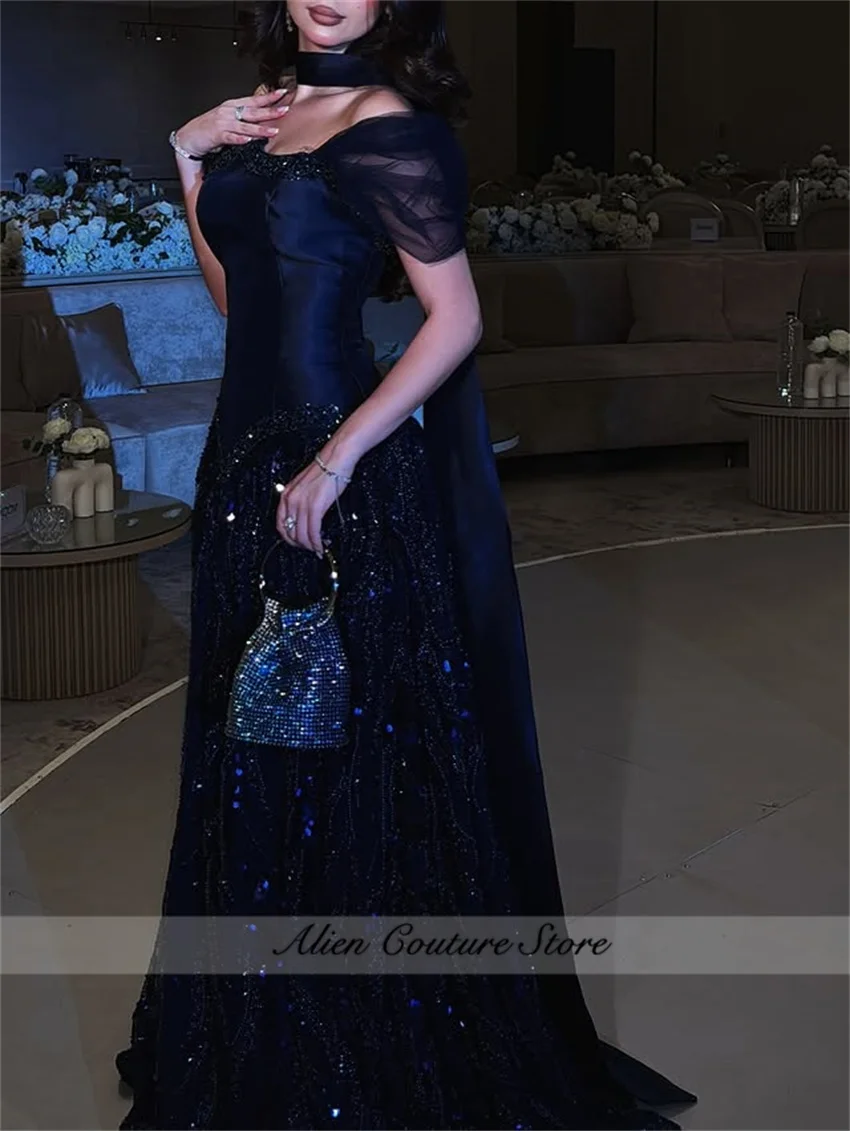 

Navy Blue Beading Saudi Arabia Evening Dresses With Cape Crystals Wedding Party Gown فساتين سهرة Prom Dress Customized