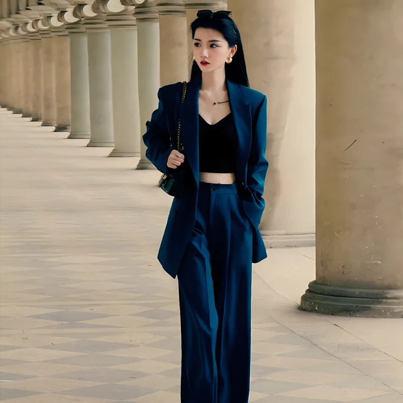 

Elegant Korean Style Two-Piece Suit Set Autumn Winter Casual Wide Leg Pants Suit Ladylike Fashion Ensemble for Women