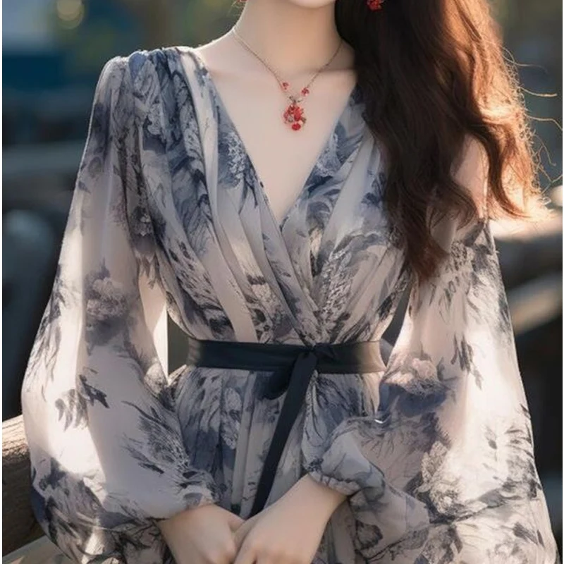 Summer V-neck Fashion Lantern Sleeve Maxi Dress Women French Style Dresses High Street Printing Lacing Bow Patchwork Vestidos