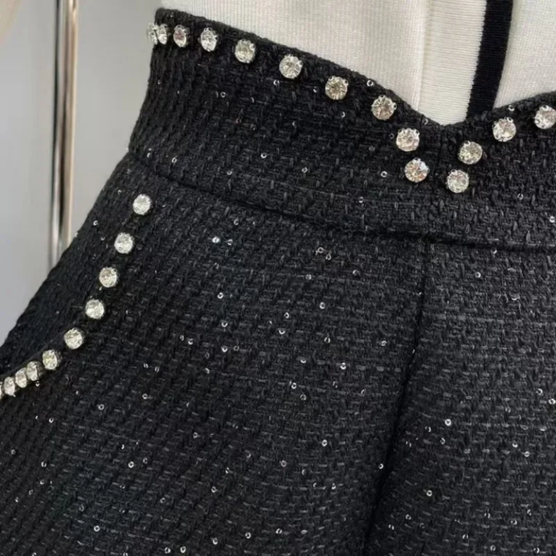Sequin Diamond-studded Mixed Tweed Pants Women High-waisted Wide-leg Boots Black Casual Shorts Shorts for Autumnwinter Outerwear