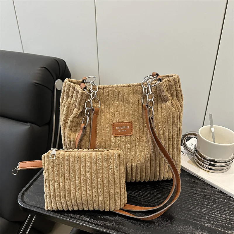 

New Thick Striped Corduroy Large Capacity Versatile Tote Bag with Small Bag Casual Practical Handheld Shoulder Bag