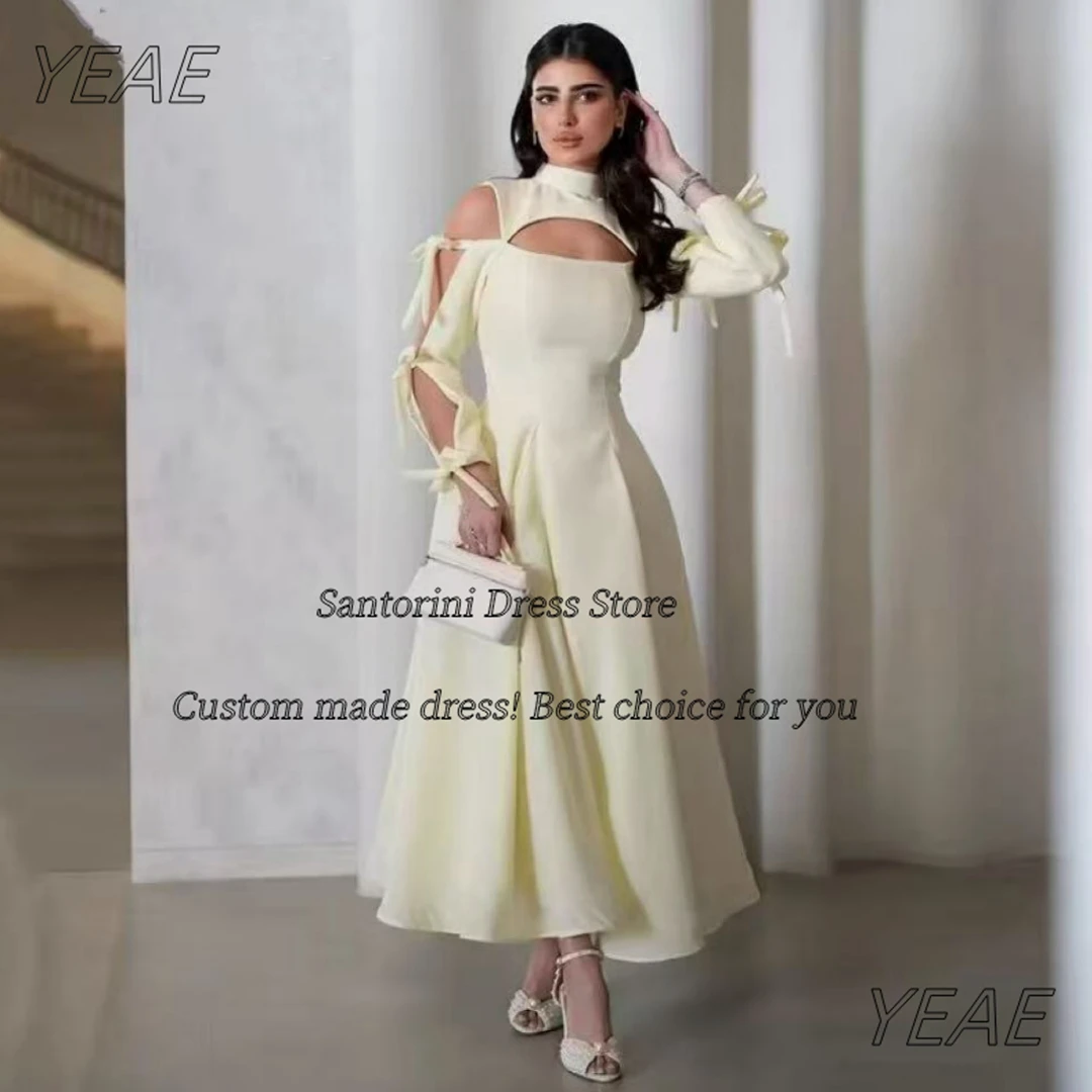 

Santorini Bow Long Sleeves Prom Dresses High Collar Zipper Back Homecoming Dress Ankle Length Birthday Party Gowns Customized