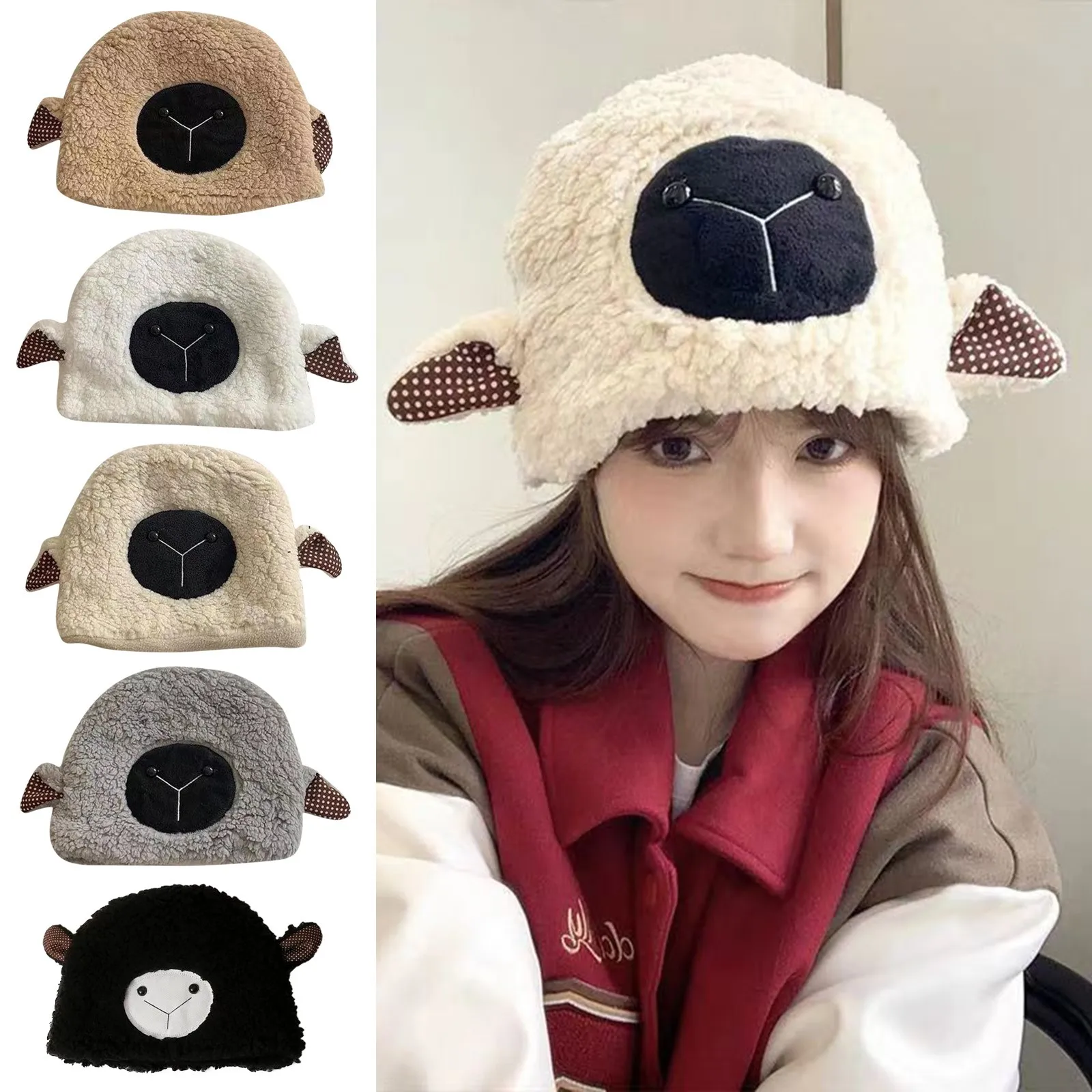 Y2K Beanie for Women Girls Winter Japanese Sweet Cute Ears Little Sheep Hat Plush Thickened fleece Warm Lamb Wool Pullover Cap