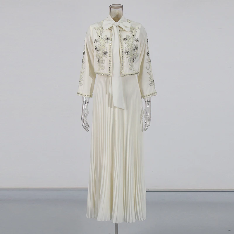 TWOTWINSTYLE Solid Two Piece Set For Women O Neck Long Sleeve Coat Scarf Collar Sleeveless High Waist Long Dress Female Fashion