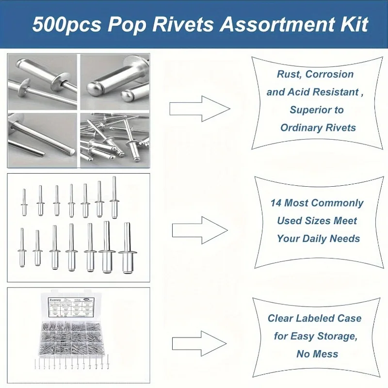 500Pcs Aluminium Pop Rivet Kit Half Round Head Blind Rivets Open K Type 3/32“ 1/8” 5/32“ 3/16” Hardware Tools for Mentalworking