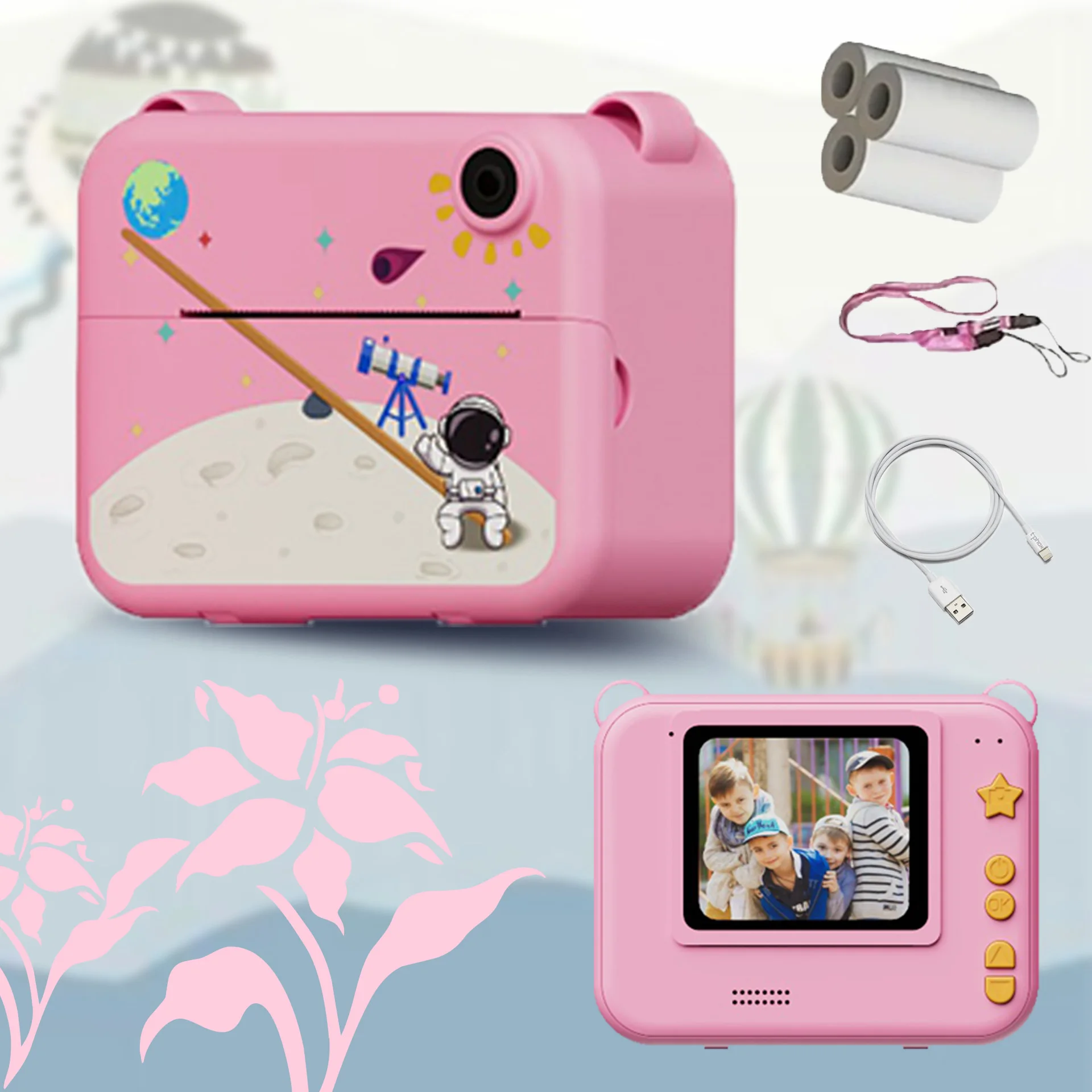 Câmera infantil estampada com 3 rolos de papel térmico, tirar fotos e grava vídeos | Resolução 1080P | Jogos Editorial | Presente de feriado