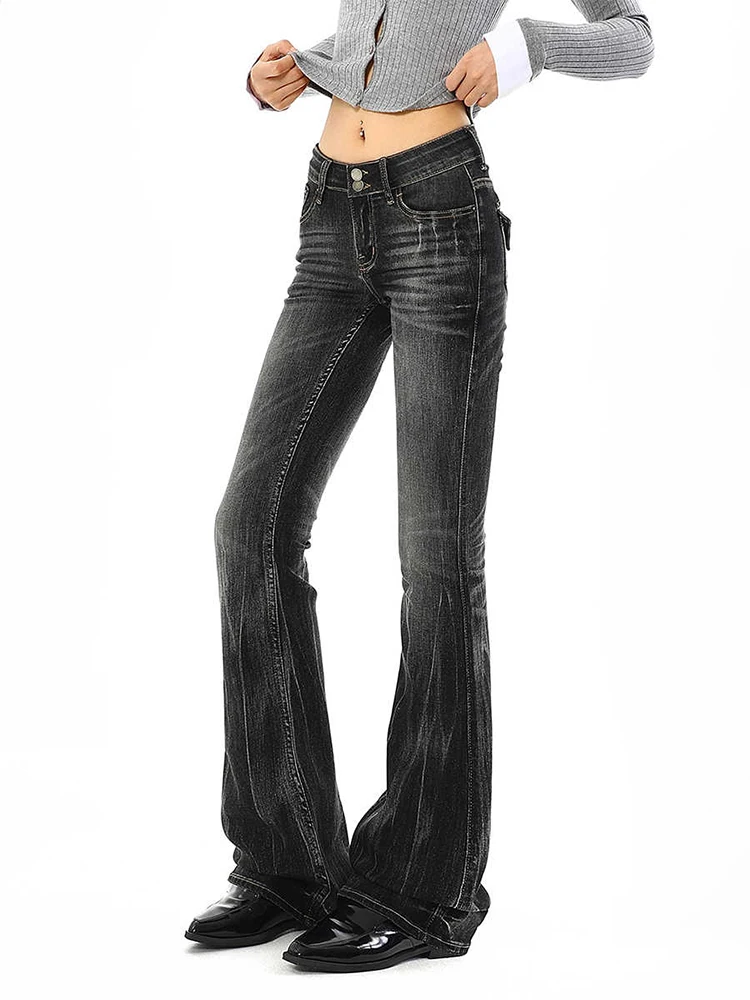 2025 Autumn Winter Women Low Rise Flare Denim Pants American Black Jeans Y2k Japanese Harajuku Gyaru Bell Bottom Bootcut Jeans