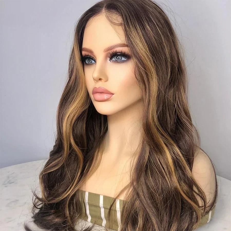 

Long body wave 5x5 Silk Base Jewish Human Hair With BabyHair Highlight Brown Glueless Soft HD Lace European Hair Preplucked