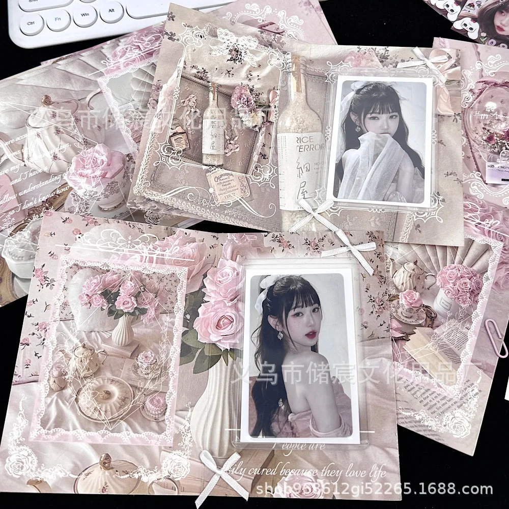 10Pcs Korean Ins Pink Rose Tea Party Card Back Kpop Star 3-inch Photo Card Folding Fixed Decor Paper Board Selling DIY Packing