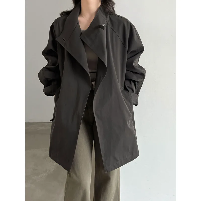 Stand Collar Buckle Strap Trench Coat Women Autumn Raglan Sleeve Loose Open Front Cotton Jacket