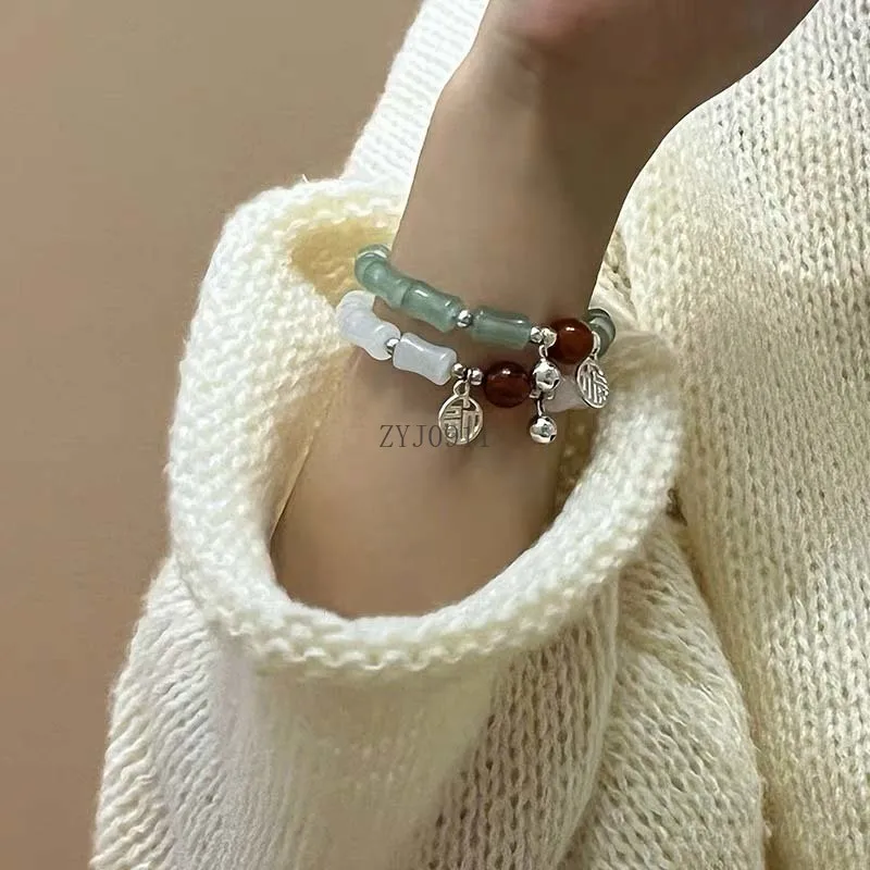 *New Chinese Style Green Crystal Bamboo Bracelet for Women Girl Vintage Elastic Beaded Charm Bangle Bracelet Jewelry  Lover Gift