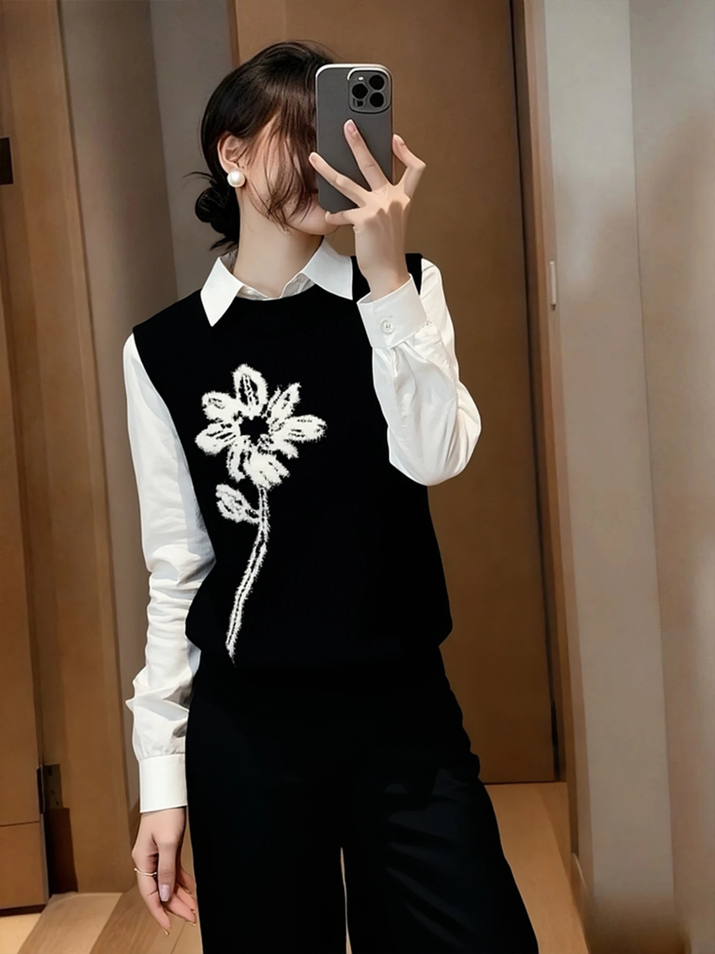

Faionable Slim Fit Knitted Vest Top Svel Base irt Korean Sle Commute Long Sve Plant Floral Patterned