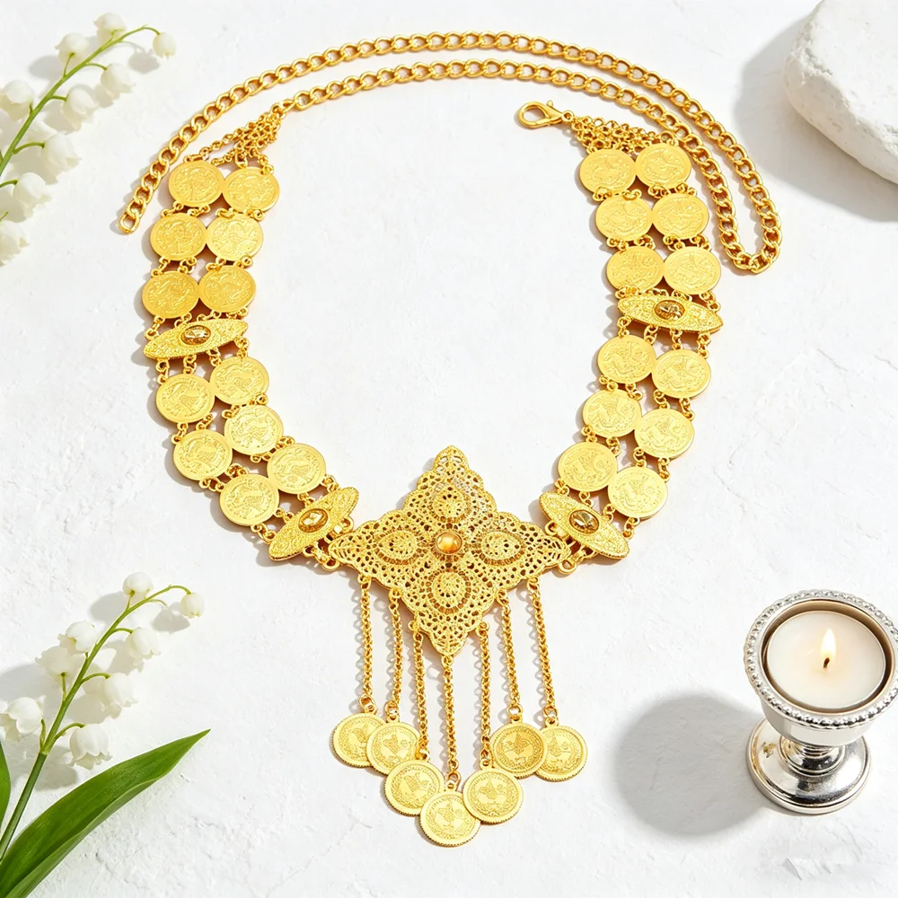 Elegant Arabic Golden Coin Tassels Waist Chain Adjustable Design For Ethnic Party Formal Occasions