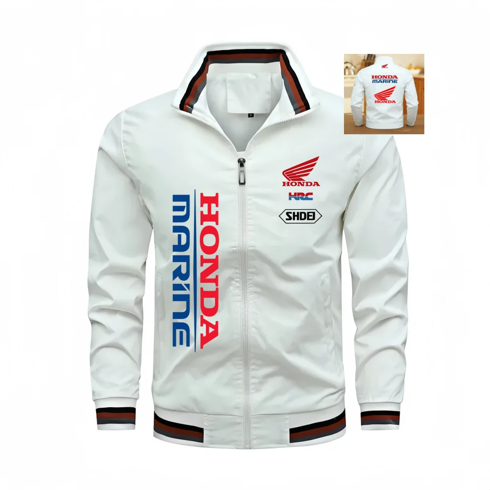

Мужская куртка в стиле мотоциклетной экипировки Honda, повседневная куртка для велоспорта, дизайн с воротником-стойкой и контрастной отделкой.