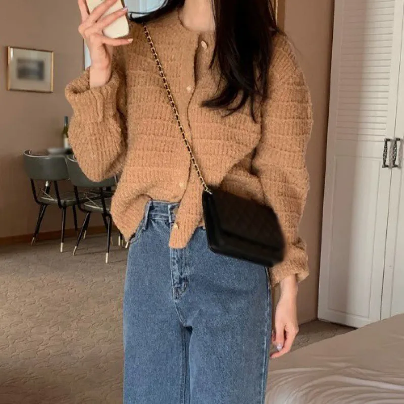 Cardigan Loose Knitted Sweater Retro Round Neck Fragrant Style Textured Weaving Casual Autumn and Winter Long Sleeved Top