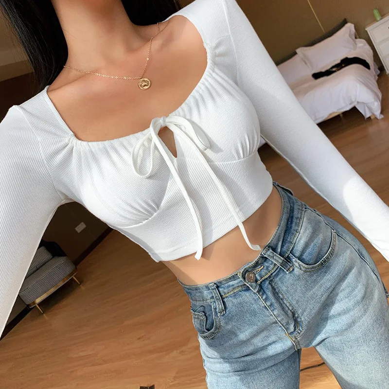 Sweet Women's Crop Tops Shirt Drawstring Elastic Casual Korean Fashion Elegant Square Collar Bandage Long Sleeve T-Shirt White