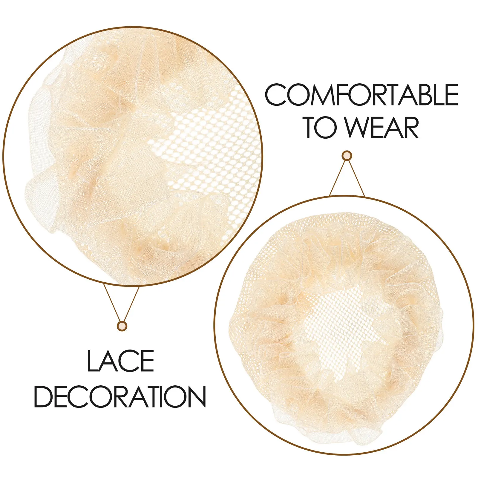 Elastic Hair Nets for Ballet Bun Cover with Lace Trim – 10pcs Beige Dance Hairnet