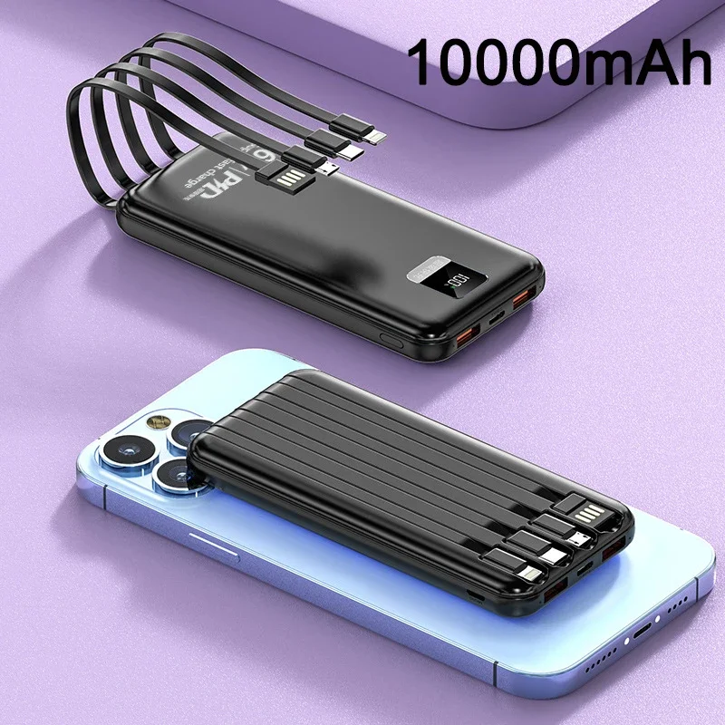 

66W Super Fast Charging Power Bank 10000mAh Portable External Battery Powerbank Built in Cables For iPhone 12 Huawei P40 Xiaomi