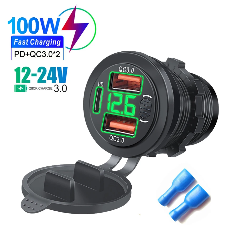 Drie Poorten Autolader PD Dual QC3.0 USB Lader Socket met Met Digitale Voltmeter Knop Schakelaar 12 V/24 V voor Motor Auto