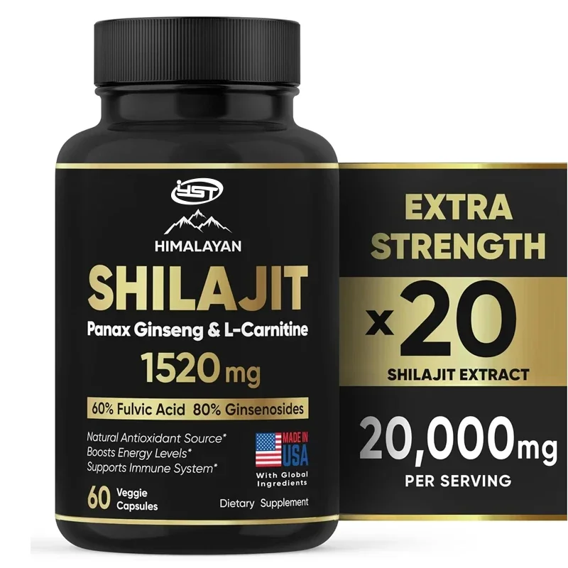 Pure Himalayan Shilajit Supplement 60 Capsules 60% Fulvic Acid 85 Trace Minerals Containing Ginseng and L-Carnitine