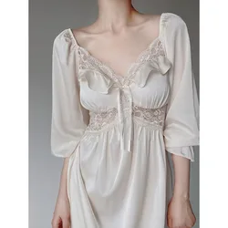 Spring Summer 2024 New Vintage Pajamas Women's Ice Silk Loungewear Long Sleeves Long Skirt V-neck Nightdress Court Style Skirt