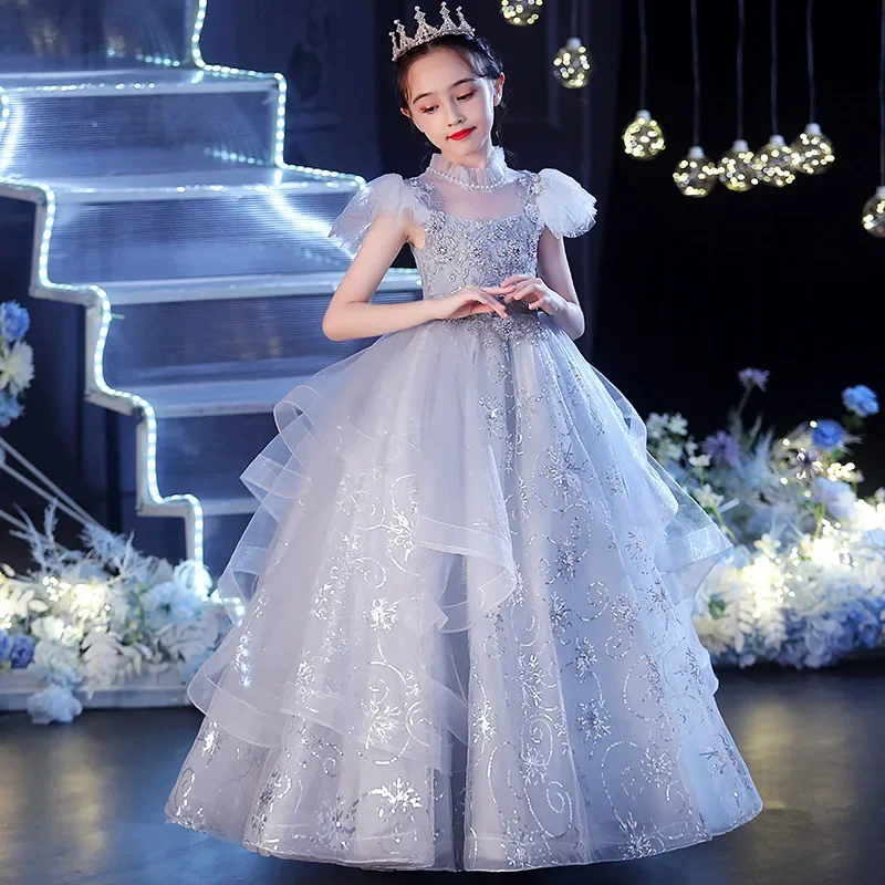 Baby Kids Dresses For Party Wedding Dress Pearl Sequins embroidery Children Pageant Long gown baby Princess Tulle long Dress