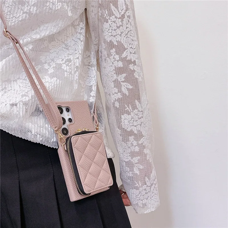 Crossbody Bag Lichee Pattern Wallet Phone Holder Zipper Case for Samsung S24 Ultra S23 Plus S22 A35 15 25 A54 14 24 34 53 13 33