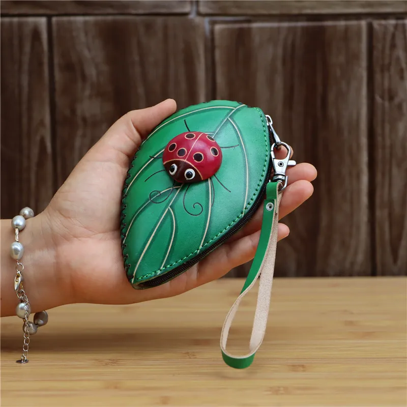 

Leather Handmade Creative Leaves Seven Star Ladybug Mini Coin Purse Leather Card Key Case Clutch Clutch Clutch