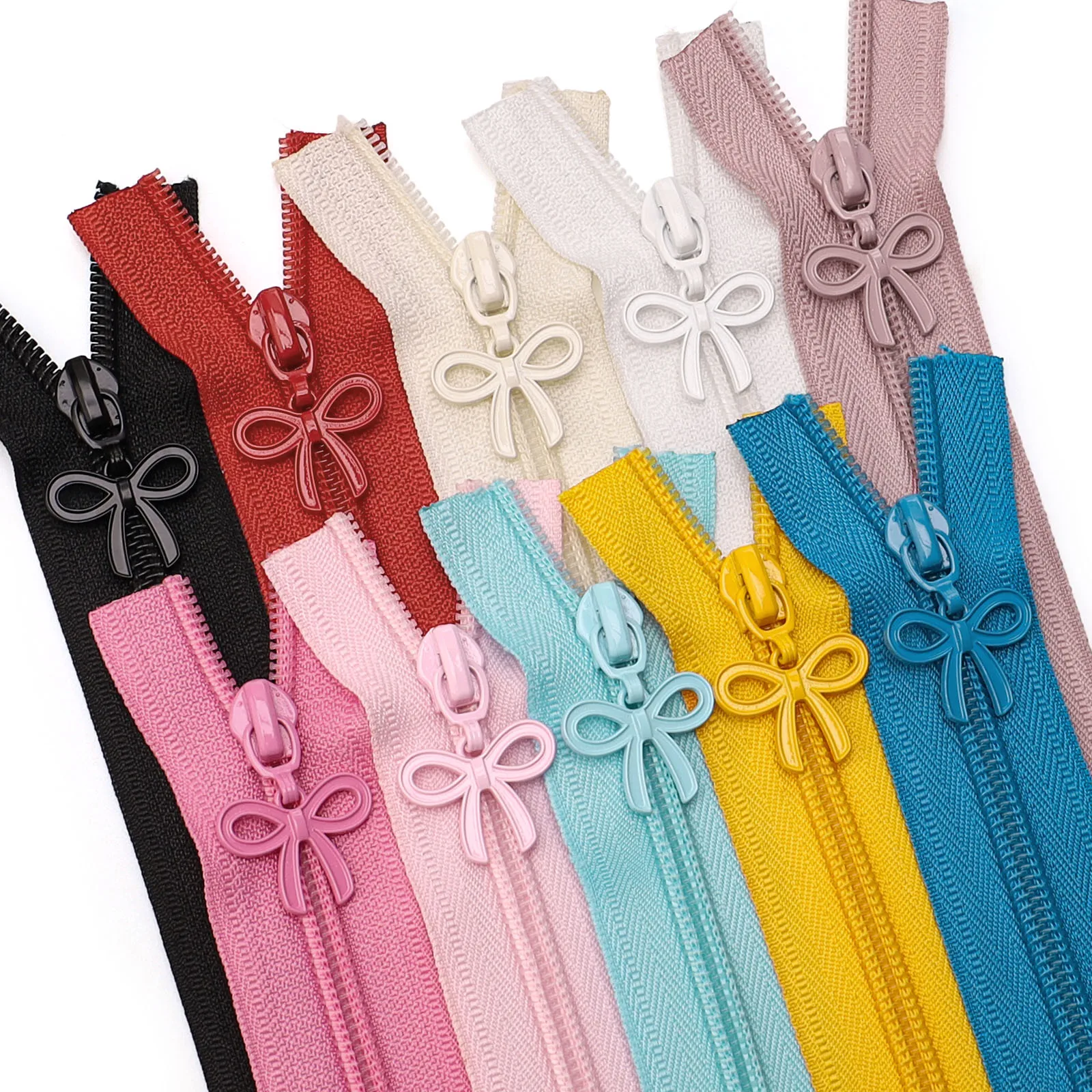 Set of 177.16-Inch Zippers with 10 Bow Zipper Pulls, Multi-Colored Zippers, Paired with Matching Bow Zipper Pulls, Can Be Used for Clothing, Bags, DIY Crafts, Sewing Replacements, Etc