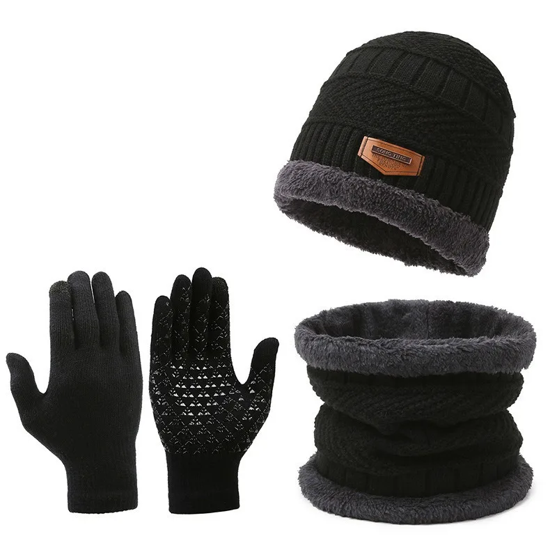 3 Pcs Men's Winter Three-Piece Windproof Hat, Outdoor Scarf, Gloves, Neckline, Cashmere Insulated Knit Hat