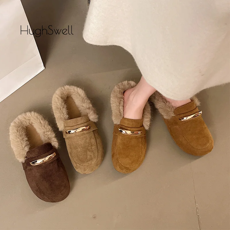 

Luxury Fur Birken Mule Shoes Woman Brand Design Metal Buckle Suede Slide Loafers Ladies Elegant Round Toe Soft Flat Plush Shoes
