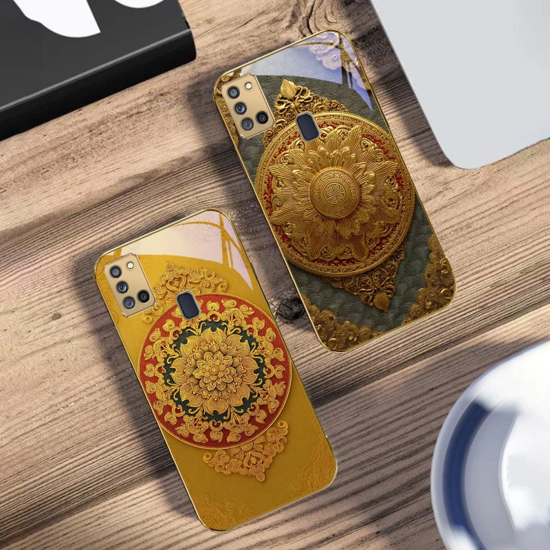 أقحوان أصفر لسامسونج A 31 32 A33 A34 35 14 A15 13 16 25 26 50 52 53 54 55 56 70 71 72 73 حافظة هاتف زجاجية ذهبية