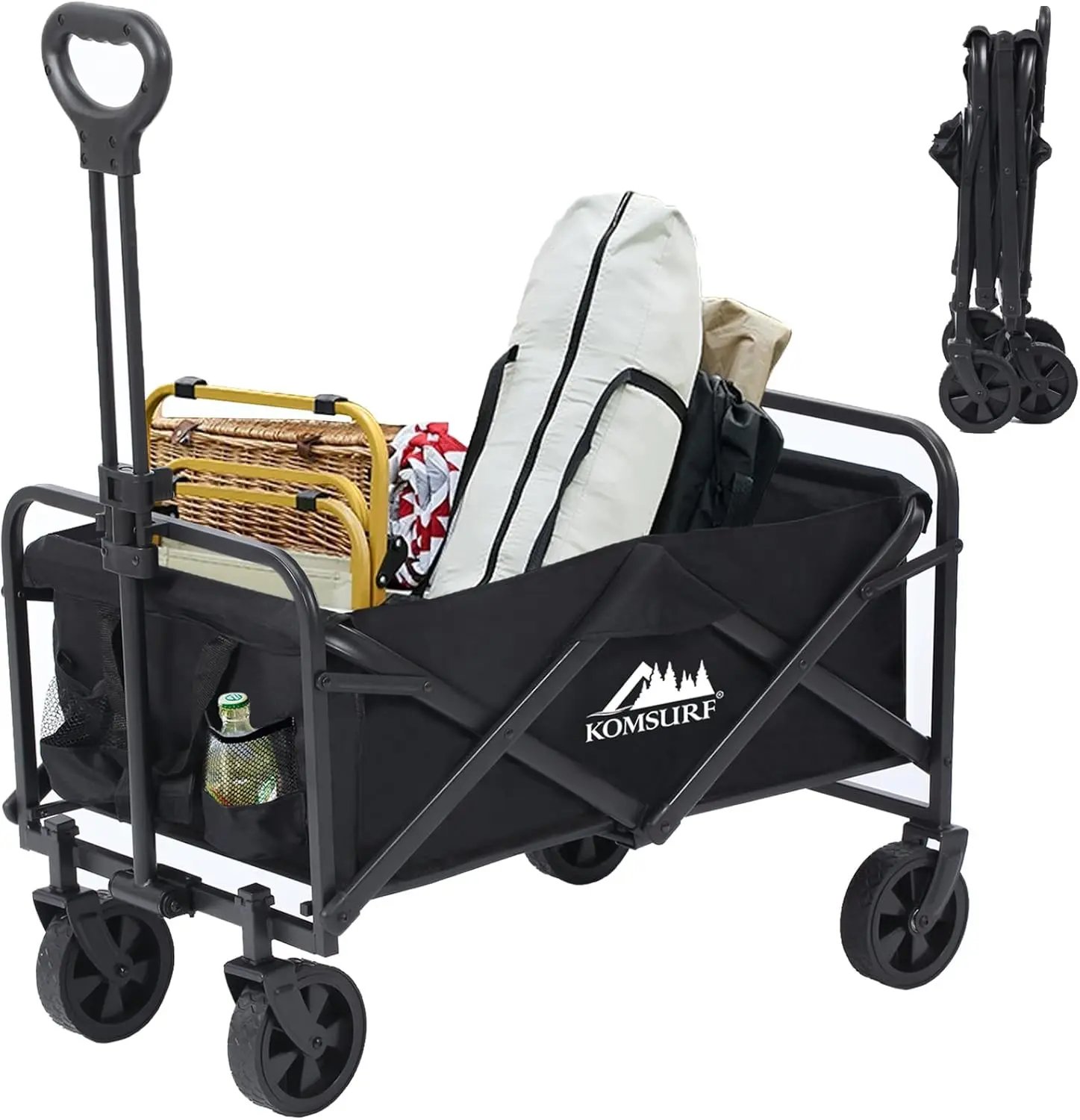 Foldable Utility Wagons Heavy Duty Folding Grocery Cart On Wheels, 200 Lbs Capacity With Side Pockets For Garden, Shopping,