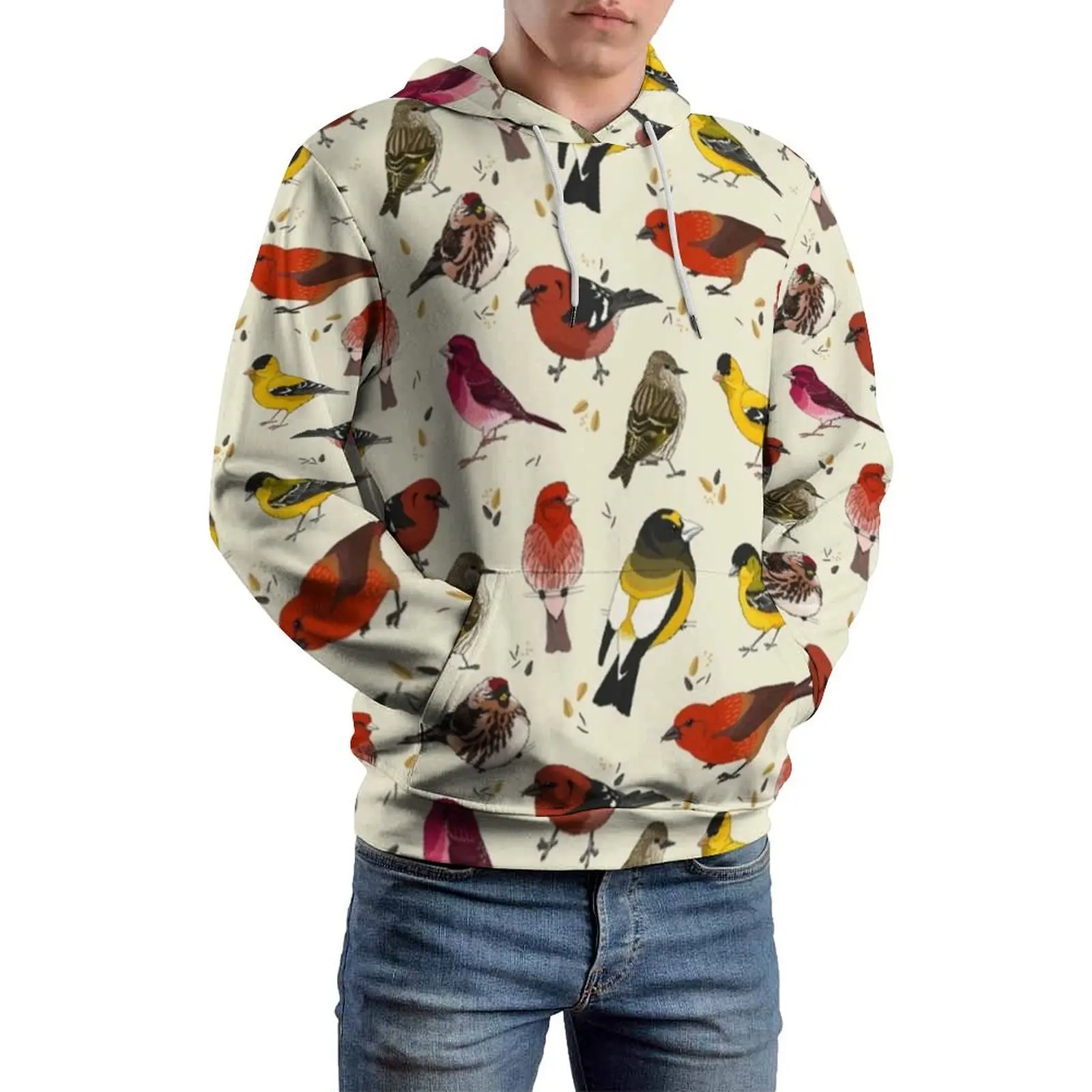 Colorful Birds Print Casual Hoodies North American Finches Loose Pullover Hoodie Men Long Sleeve Design Clothes Birthday Present