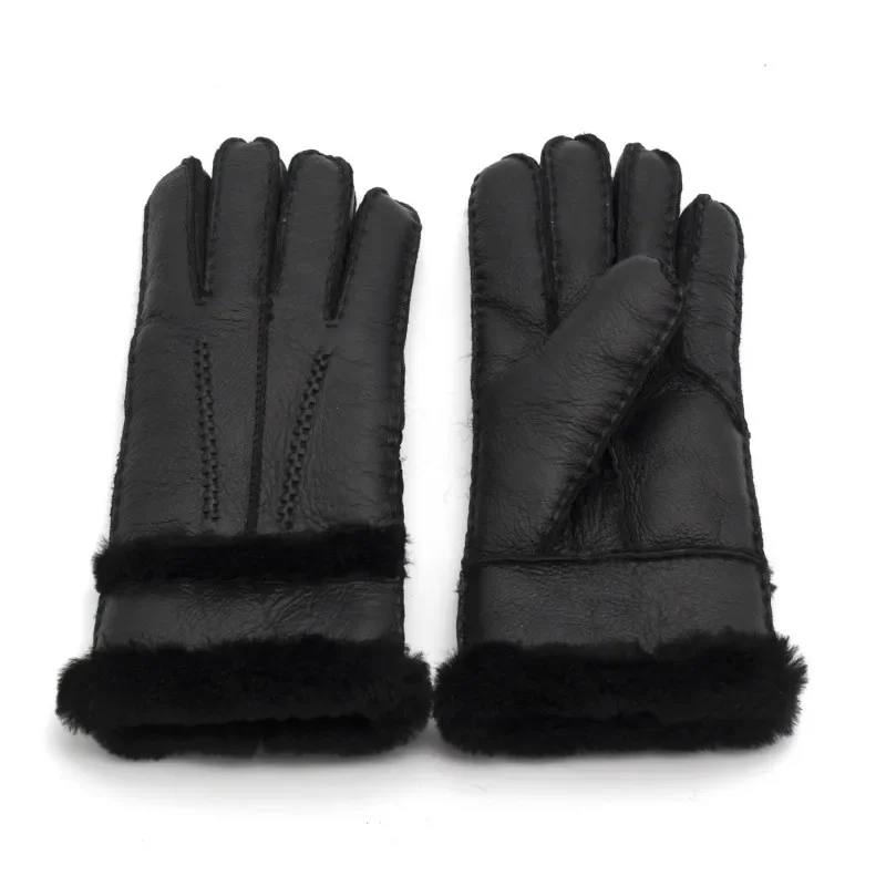 MOONBIFFY Women 100% Sheepskin Winter Gloves Men Real Cashmere Genuine Leather Fur Warm Gloves Ladies Full Finger Mitten