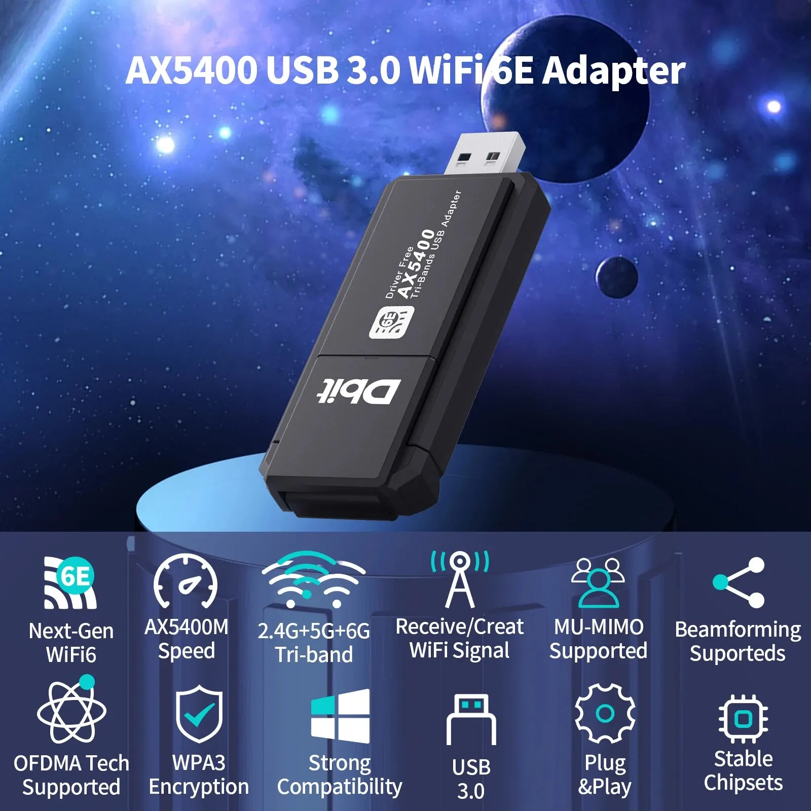 DBIT Wi-fi Adapter AX5400 USB Network Card Wifi 6e Tri-Band Dongle for Pc Desktops Laptop Windows 10 11 Driver Free