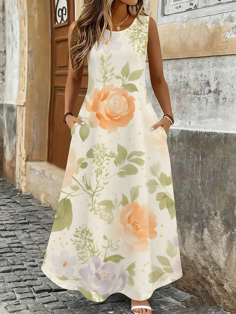 

Floral Maxi Dress Cream Orange Purple Rose Print Summer Beach Vacation Outfit