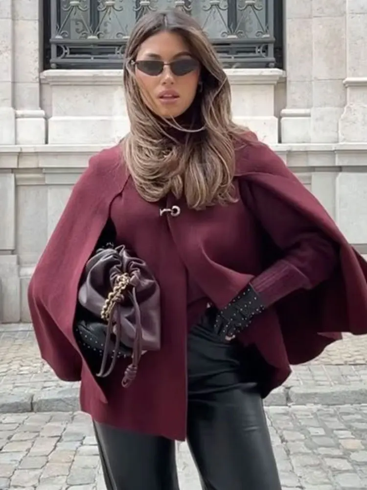 HH Female Elegant Cape Style Jacket Dark Gray O-Neck Long Sleeve Metal Button Knitted Tops Autumn Coats Woman 2024 Trendy